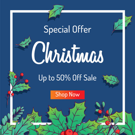 Christmas sale banner template with holly berry. Vector illustration.のイラスト素材