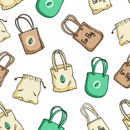 Seamless pattern with hand drawn eco bags. Vector illustration.のイラスト素材