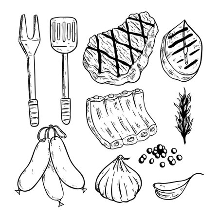 Vector set of meat and vegetables in doodle style. Hand-drawn illustration.のイラスト素材