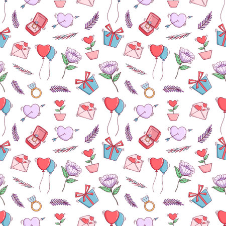 Seamless pattern with hearts, flowers, gift boxes and rings.のイラスト素材