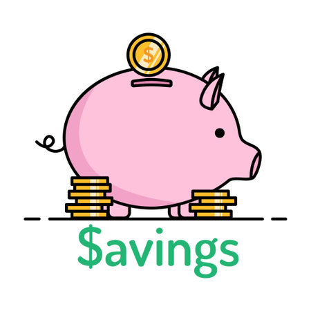 Piggy bank with coins and the inscription savings. Vector illustration.のイラスト素材
