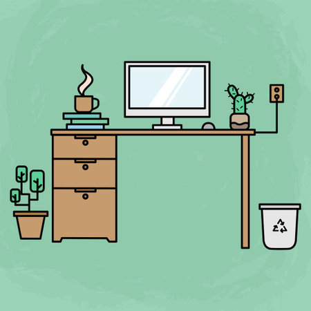 desk with computer and cactus plant vector illustration eps 10のイラスト素材