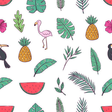 Seamless pattern with tropical leaves, flamingo, watermelon. Vector illustration