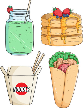 Illustration of a set of food related items on a white backgroundのイラスト素材