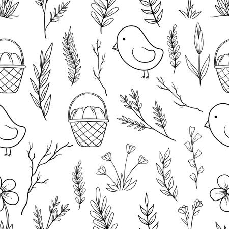Easter seamless pattern with eggs and birds. Hand drawn vector illustration.のイラスト素材