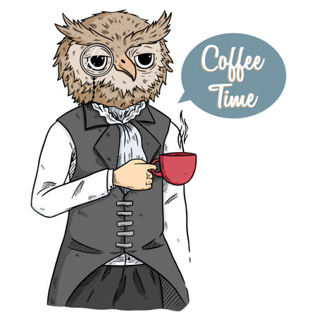 hand drawing Owl head with cup of coffee. Hand drawn vector illustration.のイラスト素材