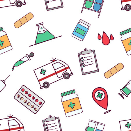 Seamless pattern with medical icons. Vector illustration in line style.のイラスト素材