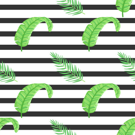 Seamless pattern with palm leaves on striped background. Vector illustration.のイラスト素材