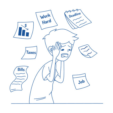 Stressed man with paper documents. Vector illustration in thin line style.のイラスト素材