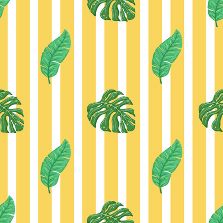 Seamless pattern with monstera leaves on striped background. Vector illustration.のイラスト素材