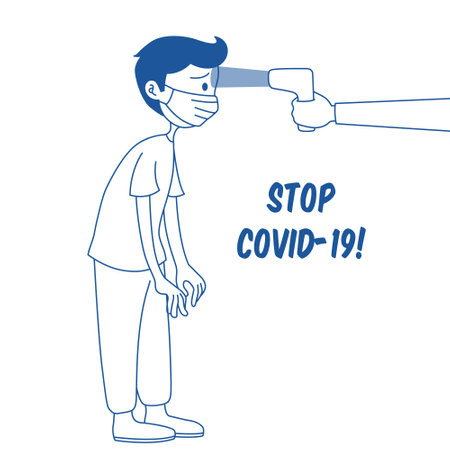 Stop covid-19. Coronavirus concept. Man in medical mask measures temperature with thermometer. Vector illustrationのイラスト素材