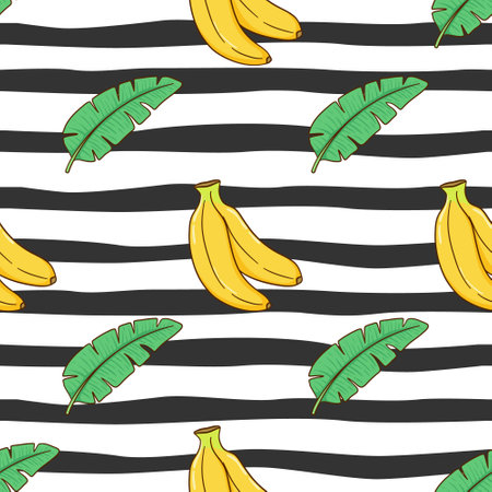 Seamless pattern with bananas and banana leaves. Vector illustration.のイラスト素材