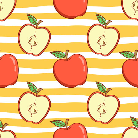 Seamless pattern with red apples on a striped background. Vector illustration.のイラスト素材
