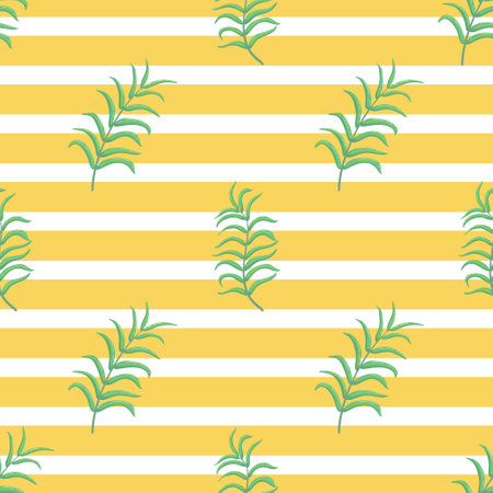 Seamless pattern with leaves on striped background. Vector illustration.