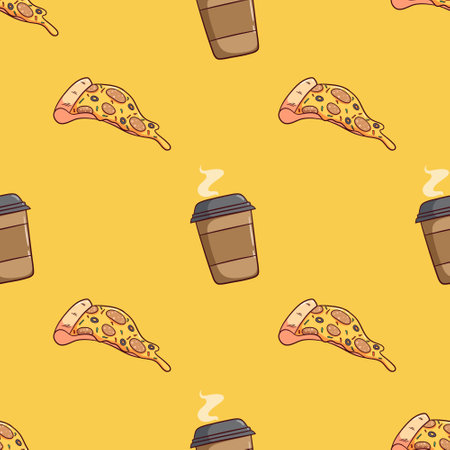 Seamless pattern with hot coffee and pizza. Vector illustration.のイラスト素材