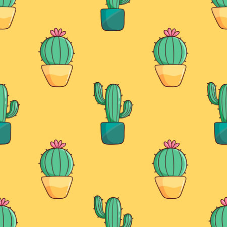 Seamless pattern with cacti in pots. Vector illustrationのイラスト素材