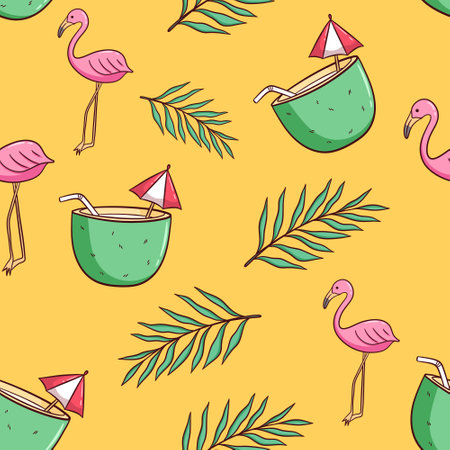 Seamless pattern with flamingo, coconut, cocktail and palm leaves.