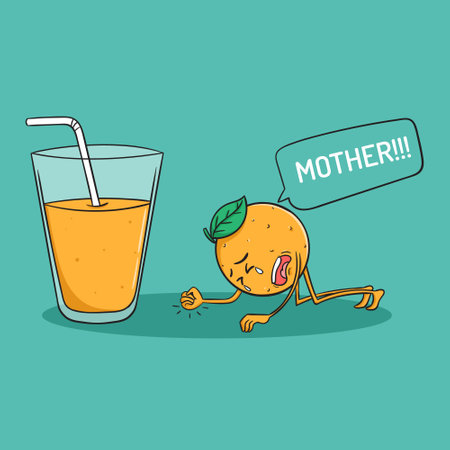 Funny kawaii orange character with orange juice. Vector illustration.のイラスト素材