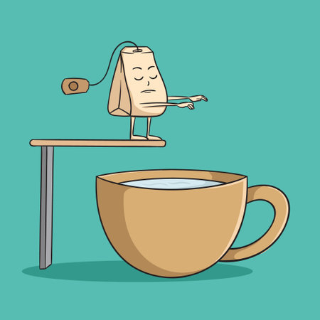 Cartoon tea bag and cup of hot drink. Vector illustration.のイラスト素材