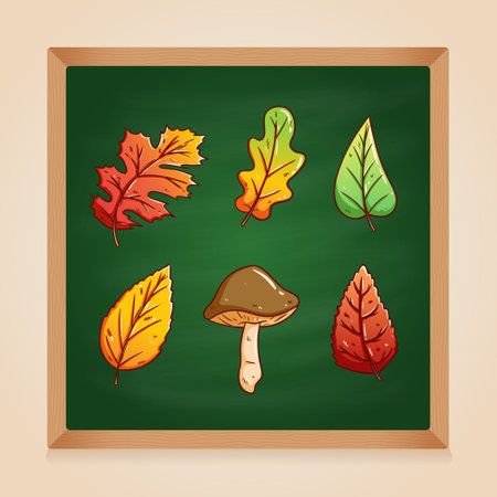 School blackboard with autumn leaves and mushrooms. Vector cartoon illustration.のイラスト素材