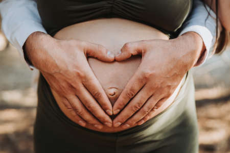 Fathers heart shape hands touching mothers pregnant maternity belly. Pregnancy concept. Parentnessの写真素材