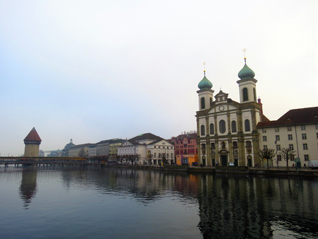 Jesuit Church from Reuss River, Luzern - Switzerlandの写真素材