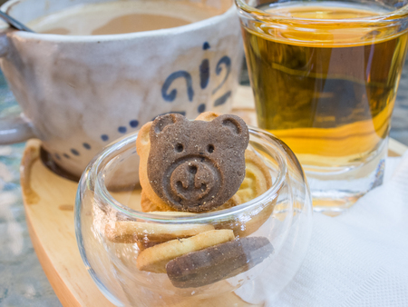 Coffee set on wooden plateの写真素材