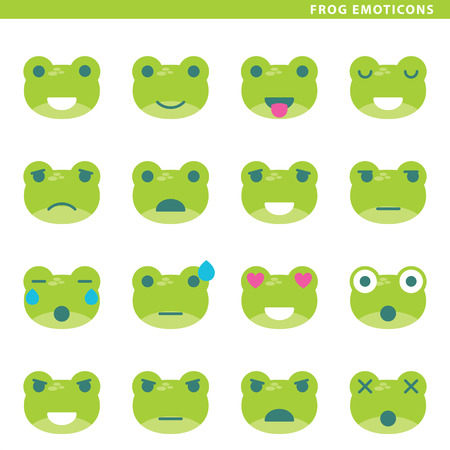 Set of frog emoticons with sixteen different expressions.のイラスト素材