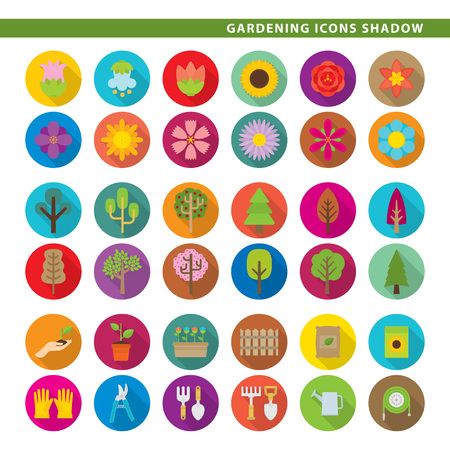 Three sets icons, flowers, trees and gardening tools in shadow style.のイラスト素材