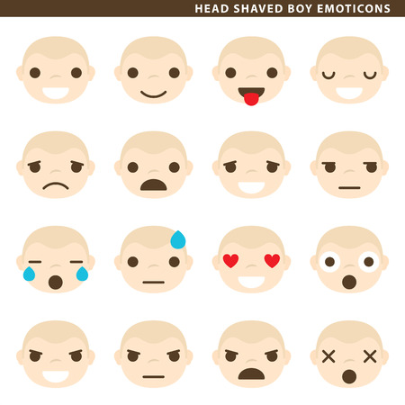 Set of head shaved boy emoticons with sixteen different expressions.のイラスト素材