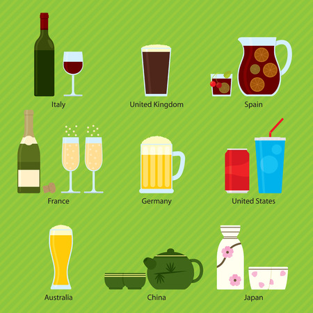 Nine traditional beverages of Italy, United Kingdom, Spain, France, Germany, United States, USA, Australia, China, Japan.のイラスト素材