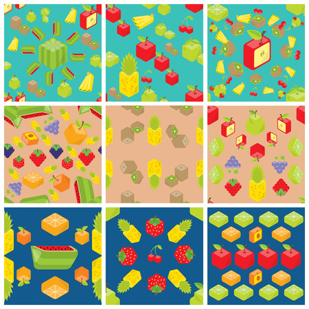 Set of nine cubic fruits patterns.のイラスト素材