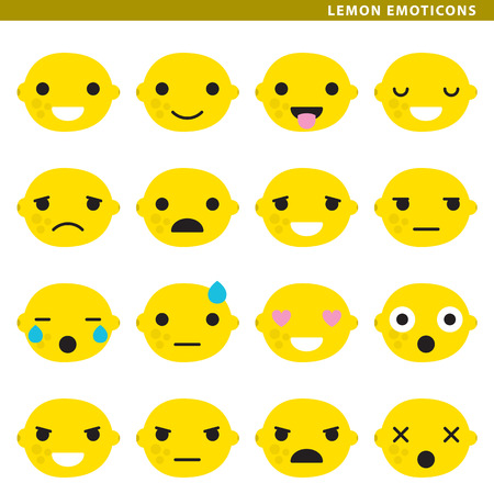 Set of lemon emoticons with sixteen different expressions.のイラスト素材