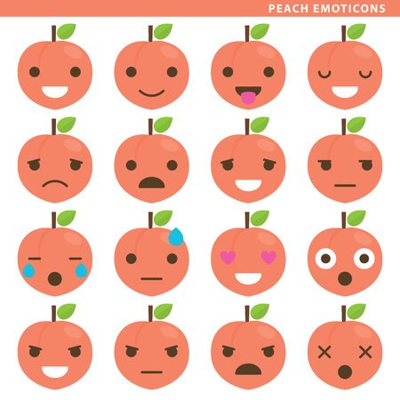 Set of peach emoticons with sixteen different expressions.のイラスト素材