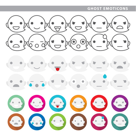 Set of ghost emoticons with twelve expressions in line, color and shadow style.のイラスト素材