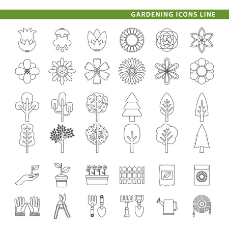 Three sets icons, flowers, trees and gardening tools in line style.のイラスト素材