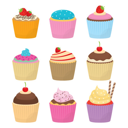 Set of nine delicious cupcakes for your food projects or dessert publications.のイラスト素材