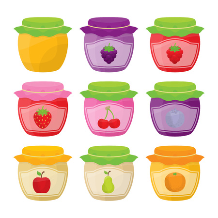 Set of nine jars with labels and fruit illustrations.のイラスト素材