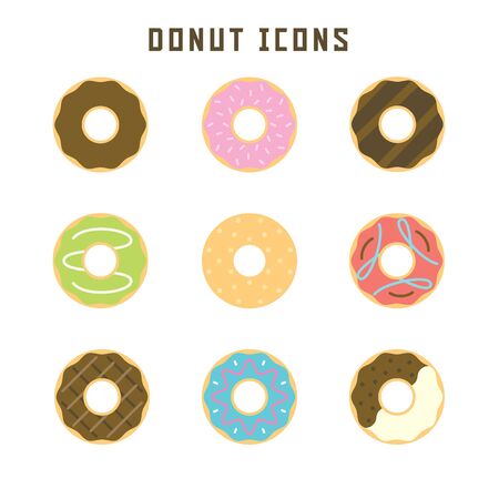 Donut icons in flat style for your pastry projects or food publications.のイラスト素材