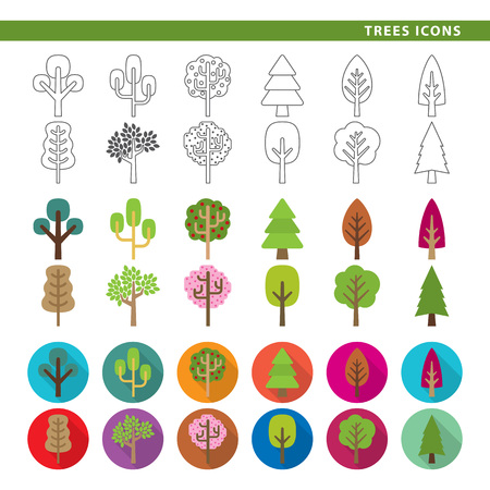 Set of twelve tree icons, in three different styles, line, color and shadow.のイラスト素材