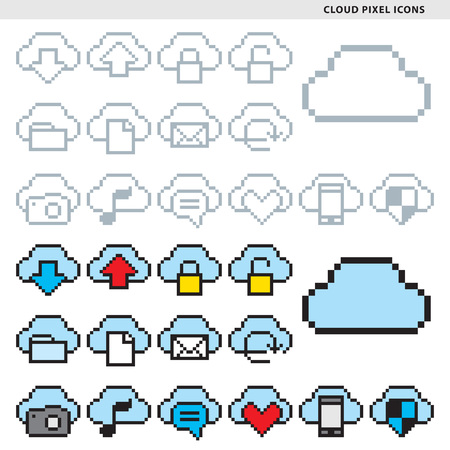 Set of fifteen cloud pixel icons in monochromatic and colorful styles.
