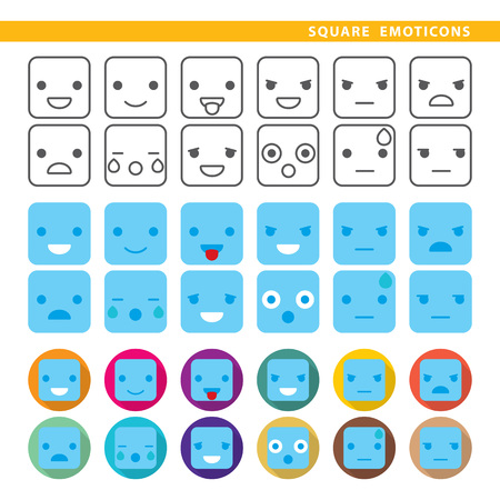 Set of twelve square emoticons in line, flat and shadow styles.のイラスト素材