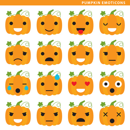 Set of pumpkin emoticons with sixteen different expressions.のイラスト素材