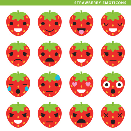Set of strawberry emoticons with sixteen different expressions.のイラスト素材
