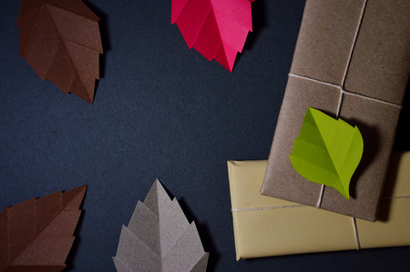 Composition of leaves made by different colors and some gift packages.