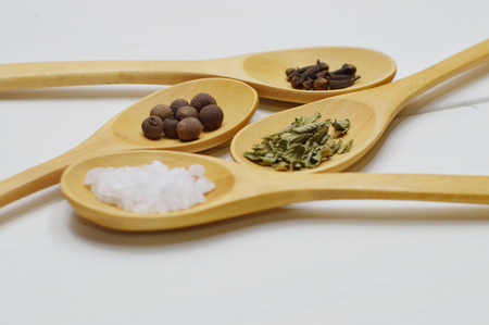 Wooden spoons with ingredientsの写真素材