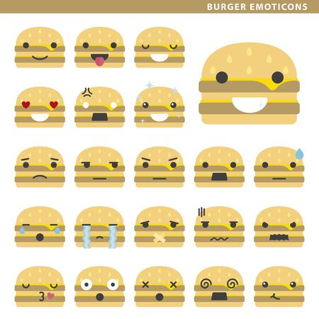 Set of burger emoticons with different faces and expressions.のイラスト素材