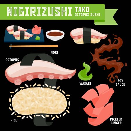 Nigirizushi japanese food in flat style for your cuisine projects or food publications.のイラスト素材
