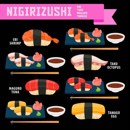 Nigirizushi japanese food in flat style for your cuisine projects or food publications.のイラスト素材
