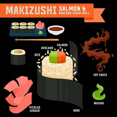 Makizushi japanese food in flat style for your cuisine projects or food publications.のイラスト素材